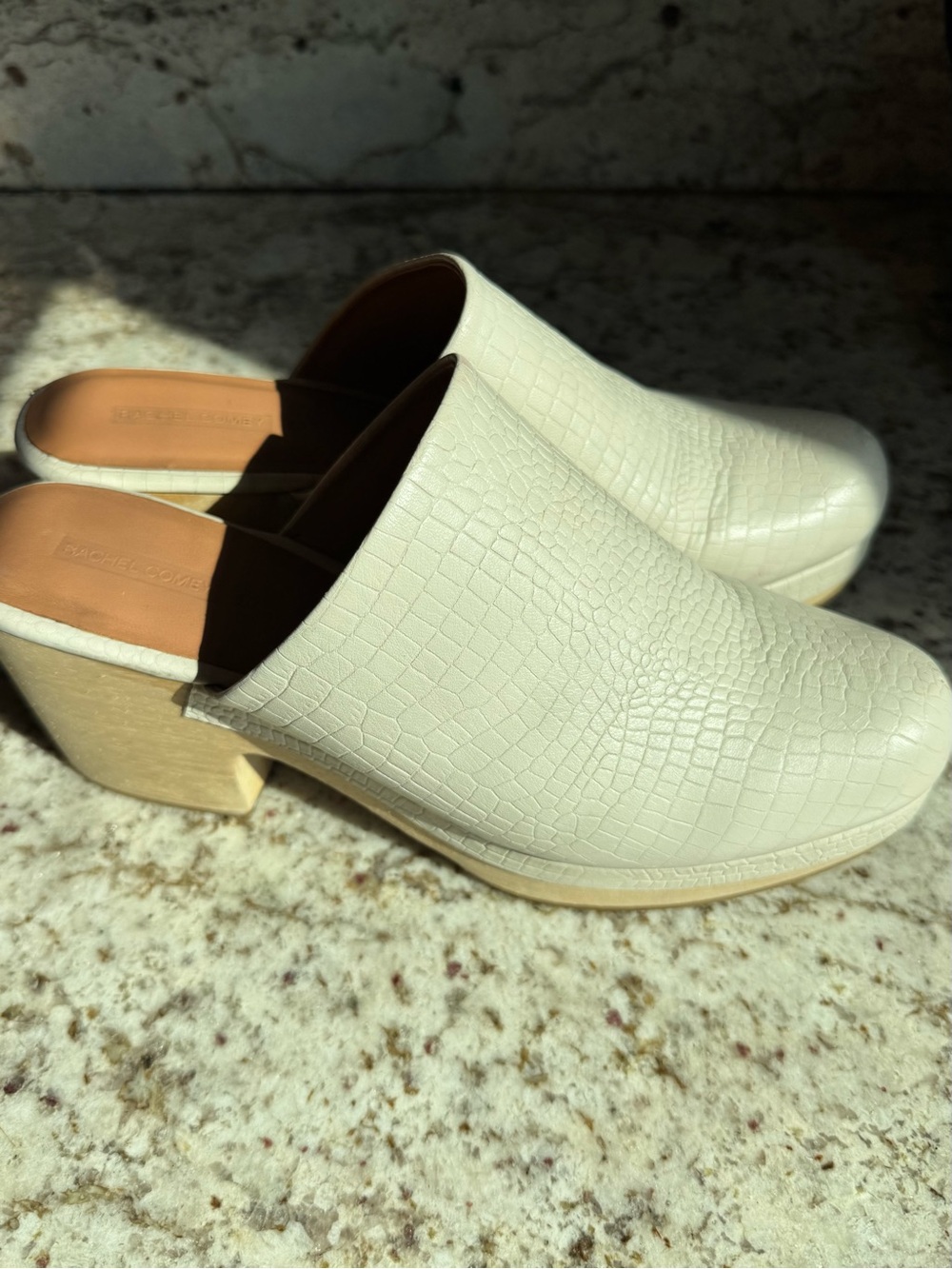Rachel Comey Cream Croc-Texture Leather Mules with Block Heel